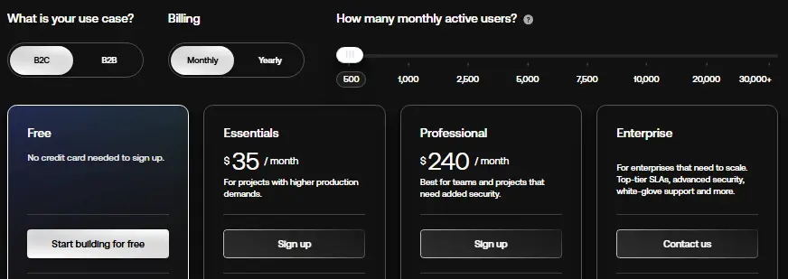 Auth0 pricing page showing Free, Essentials, Professional and Enterprise tiers
